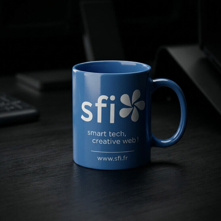 Tasse SFI sur fond noir, anse à droite