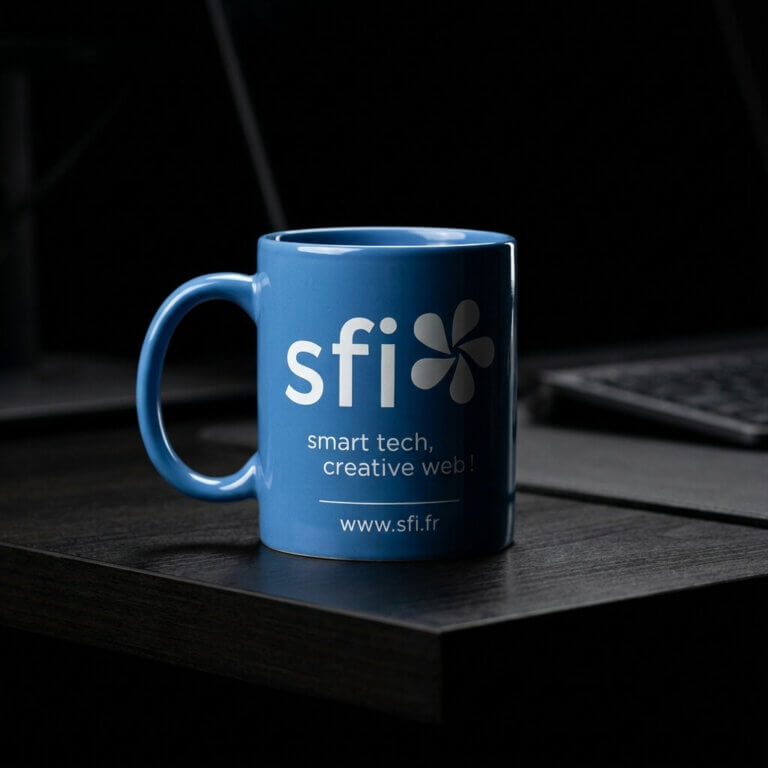 Tasse SFI sur fond noir, anse à gauche