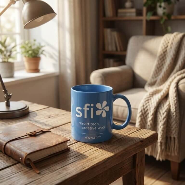 Tasse SFI sur une table dans un coin salon