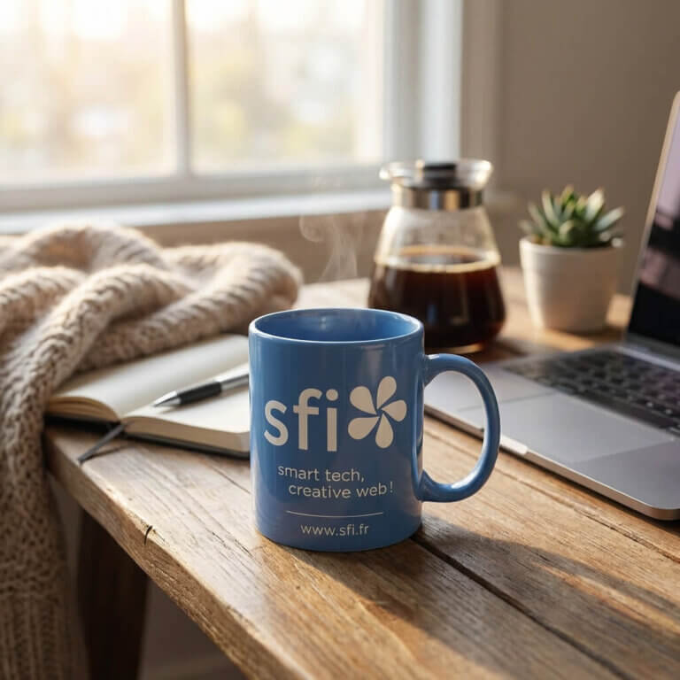 Tasse à café SFI posée sur un bureau